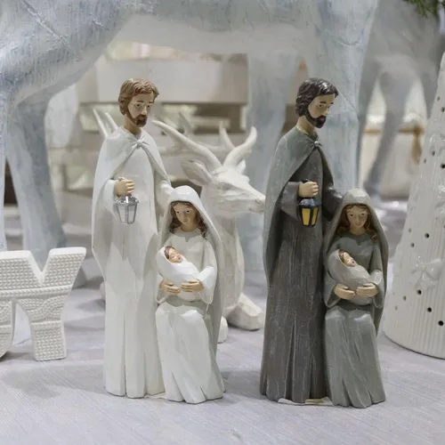 Miniatura 3 de Figuras de la Santa Familia para interiores, estilo grabado en madera, estatuas de resina de Jesús, decoraciones de mesa católicas para decoración