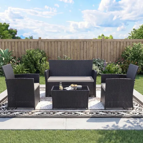 FHFO Juego de 4 muebles de patio al aire libre, muebles de exterior, juego de sofá modular de mimbre para conversación al aire libre, juego de sofá
