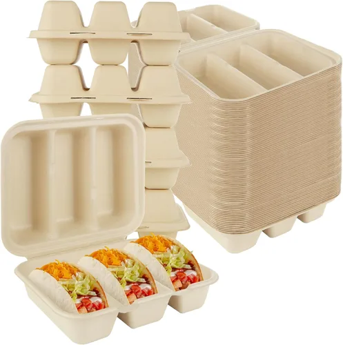 50 soportes desechables para tacos con tapas, platos para tacos con 3 divisores, bandejas de tacos desechables para llevar, soportes para tacos para