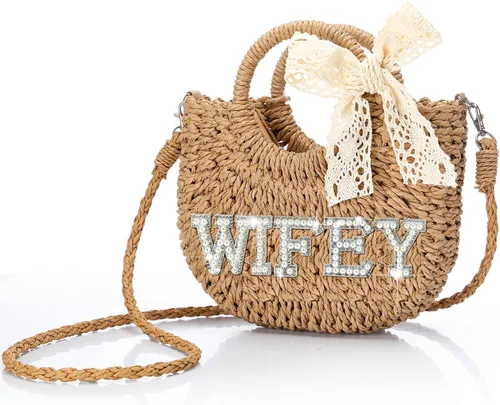 Miniatura 20 de Pinkunn Bolso de paja para novia, bolso tejido a mano, con parches de letras de diamantes de imitación, para despedida de soltera, luna de miel