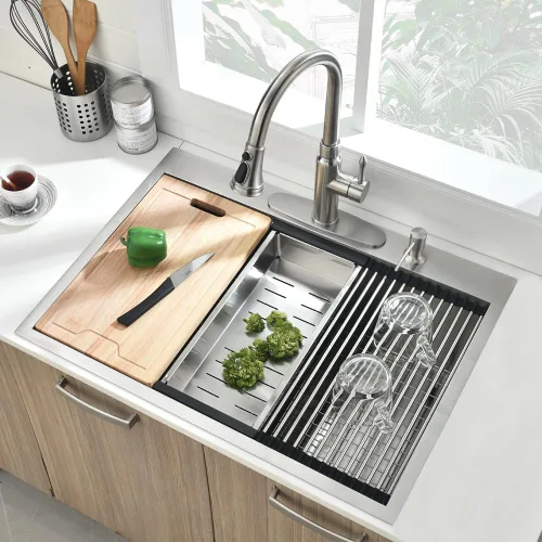 Miniatura 4 de Fregadero de cocina con estación de trabajo de 33 pulgadas, fregadero de cocina de acero inoxidable calibre 16, fregadero de cocina hecho a mano