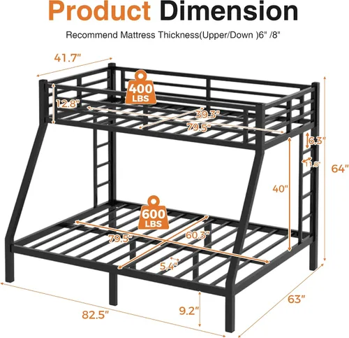 Miniatura 2 de CAPCAEK Litera de metal resistente individual XL sobre cama Queen para adultos y niños, litera individual sobre Queen con 2 escaleras