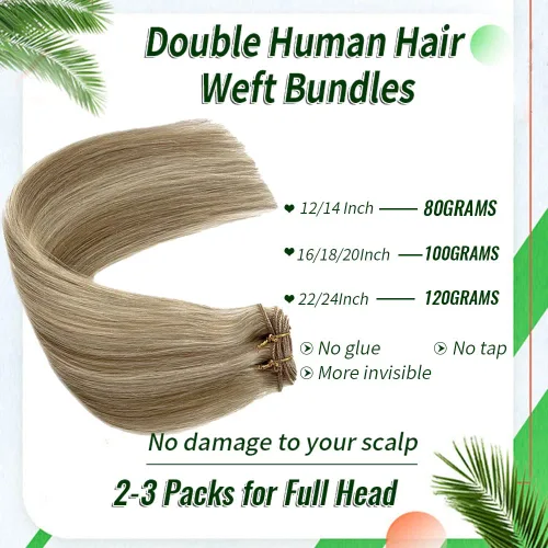 Miniatura 3 de Extensiones de trama de cabello humano real, para coser, con mechas rubias, cabello Remy marrón cenizo mezclado con rubio platino, atado a mano - 14