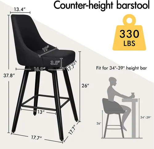 Miniatura 2 de ALFORDSON Juego de 2 taburetes de bar de 26 pulgadas de altura de mostrador, modernos taburetes giratorios con respaldo completo, sillas de bar