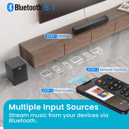 Miniatura 4 de Acoustic Audio 5.1 Barra de sonido envolvente para cine en casa con Bluetooth, RCA, óptico, ARC, AUX, subwoofer inalámbrico y control remoto