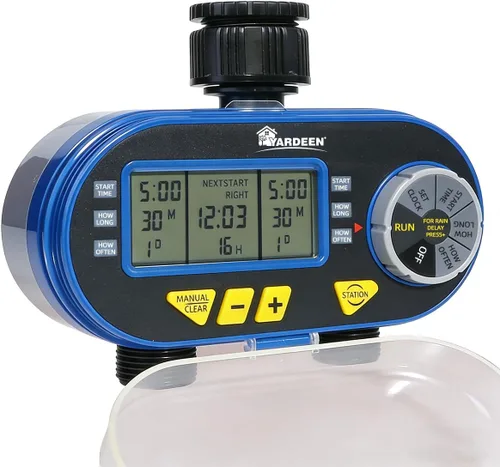 Temporizador de rociador para manguera de jardín, temporizador de manguera programable con retardo de lluvia/manual/2 válvulas solenoides sistema de