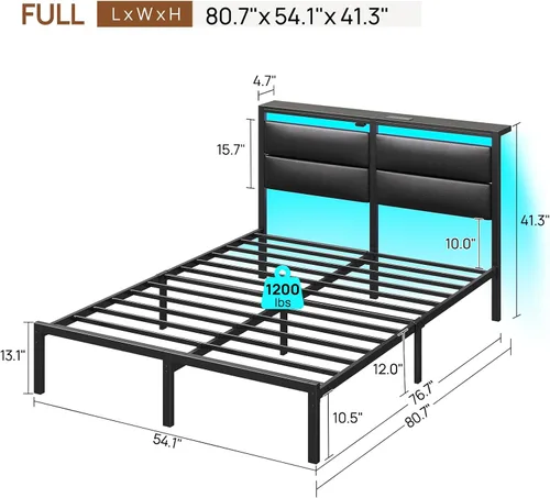 Miniatura 2 de Rolanstar Base de cama de tamaño matrimonial con estación de carga, base de cama LED matrimonial con cabecera de almacenamiento tapizada, cama