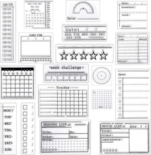 Zonon 18 Piezas Sellos de Diario Sellos Transparentes para Diario, 4 Hojas Plantillas de Planificador de Calendario de Silicona para Bullet Journal,