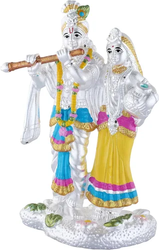Miniatura 5 de Radha Krishna - Estatua de plata pura 990, 35 a 40 GMS de Murti colorido para el hogar Pooja