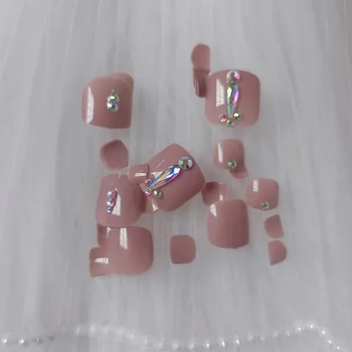 Miniatura 4 de 24 uñas de los pies a presión color caqui para los dedos de los pies, elegantes y exquisitas piedras brillantes, uñas postizas para novias, puntas