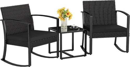 Homall - Juego de muebles de patio de 3 piezas de resina para uso en exteriores - Juego de bistró con sillas de columpio acolchadas y mesa para Negro