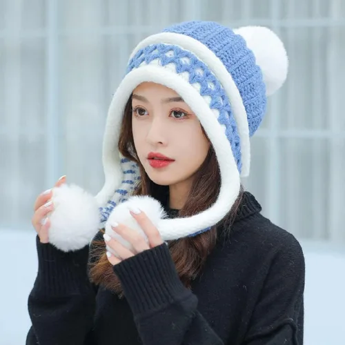 Miniatura 2 de HUAMULAN Gorro de invierno para mujer, con orejeras, con solapas, sherpa, esquí, nieve, forro polar, 3 pompones