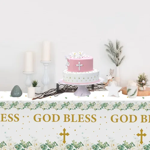 Miniatura 5 de Makarios Mantel de bautismo, Dios bendiga, cruz, mantel de primera comunión (verde)