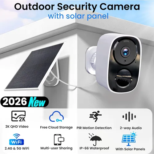 Miniatura 2 de HITELLARCAM 2025 Cámaras de seguridad de 2K mejoradas inalámbricas para exteriores con paneles solares, almacenamiento en la nube gratuito, Blanco