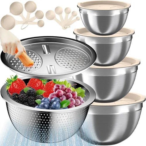 Miniatura 12 de Nicdiet Juego de tazones para mezclar con tapas, 16 cuencos de acero inoxidable, cuencos de almacenamiento anidables para cocina con tazón