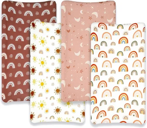 Miniatura 2 de 4 paquetes de sábanas de guardería estilo bohemio - Diseño de sol y arcoíris, sábanas ajustadas neutras para cambiador de bebé unisex para bebés