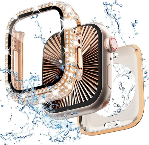 Miniatura 13 de Funda delantera y trasera, 2 en 1, brillante, impermeable, 360°, de policarbonato y protector de pantalla de vidrio para iWatch 8 y 7 de 41 mm, Negro