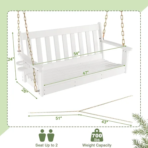 Miniatura 7 de Tangkula Columpio colgante para porche para 2 personas, columpio de banco al aire libre con cadenas ajustables, soporte oculto para tazas, silla