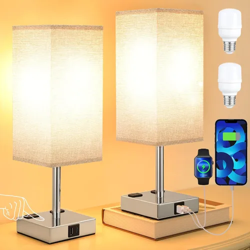 Miniatura 9 de aooshine - Juego de 2 lámparas de mesita de noche con control táctil con puertos de carga USB-C+A y salidas de AC, lámpara de mesita de noche