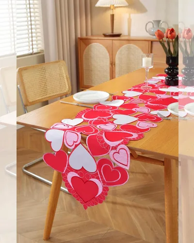 Miniatura 9 de Decoración del día de San Valentín, camino de mesa para el día de San Valentín, 70 pulgadas de largo, decoración de corazón bordado para el hogar