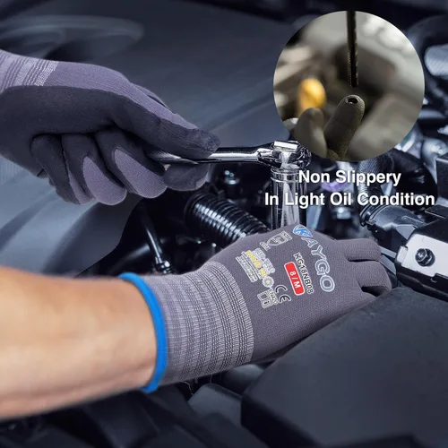 Miniatura 3 de KAYGO Guantes de trabajo de seguridad con revestimiento de microespuma de nitrilo, 12 pares KG18NB, guantes de nailon de punto sin costuras para Gris