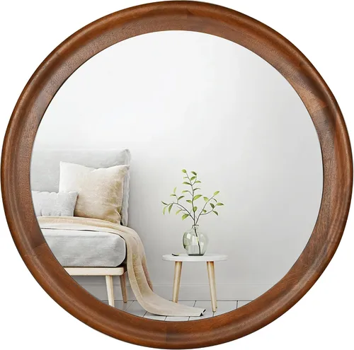 CULER Espejos de Pared Redondos de 24 Pulgadas, Espejo Decorativo Rústico de Madera de Transición con Marco de Nogal para Pared, Espejo de Tocador