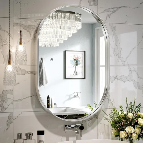 Miniatura 24 de Brightify - Espejo ovalado dorado para tocador de baño de 20x30 pulgadas, espejos de marco de metal dorado para pared, espejo moderno