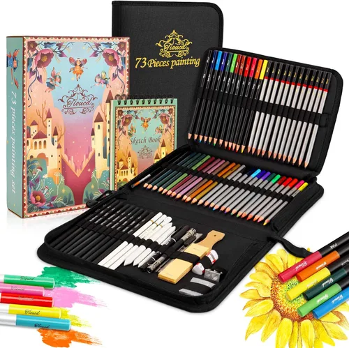 Tioucd Juego de 73 piezas para dibujo – Juego de suministros de arte profesional con grafito, carbón, acuarela coloreada, lápices metálicos, libro