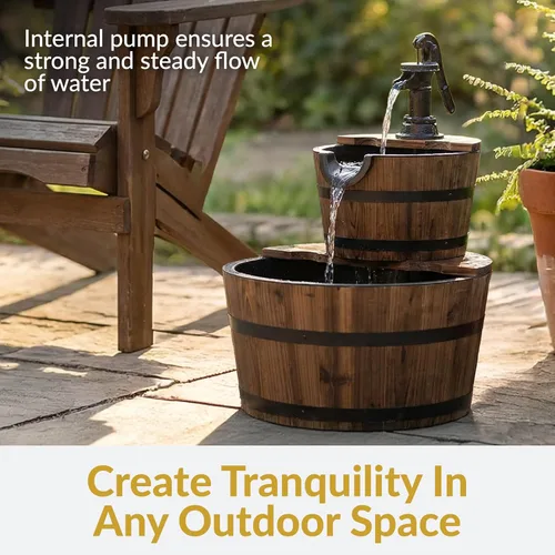Miniatura 2 de Sunnydaze - Fuente de agua de barril de madera de 2 niveles, fuente de bomba de agua vintage de 23 pulgadas con bomba sumergible, para jardín