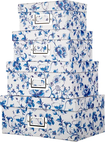 Miniatura 10 de Briful Juego de 2 cajas de almacenamiento de porcelana azul y blanca con tapas, elegantes cubos organizadores de anidación floral, juego de cajas