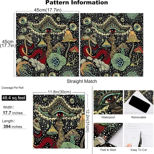 Miniatura 5 de WENMER Papel tapiz bohemio de hongos de despegar y pegar de 17.7 pulgadas x 39.4 pies - Papel de contacto de plantas/ojos/hongos, vinilo floral