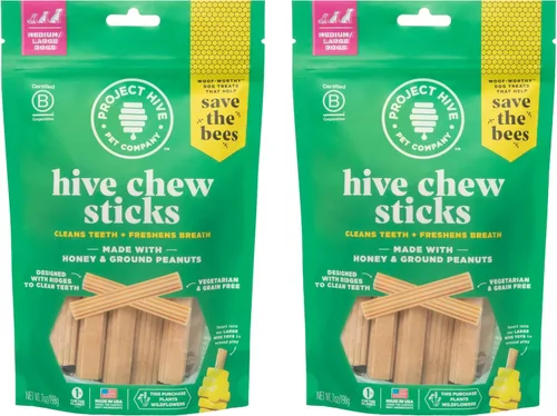 Miniatura 11 de Hive - Palitos masticables – Golosinas dentales para perros – Vegetarianas, hechas con cacahuetes molidos y miel, sin grano ni soja, limpia