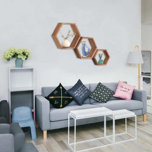 Miniatura 9 de PHOENANCEE Estantes flotantes hexagonales, estante de panal de abeja, estantes de almacenamiento octágonos de madera rústica montados en la pared