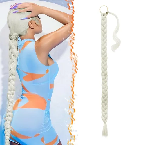 Miniatura 58 de Barsdar Extensión de 26 Pulgadas de Cola de Caballo Trenzada Larga con Banda Elástica - Extensiones de Cabello en Cola de Caballo Recta y Elegante