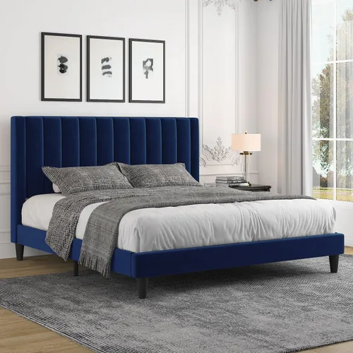 Miniatura 24 de Allewie - Base de cama tamaño King con cabecera acolchada tapizada en terciopelo y diseño acanalado vertical; plataforma de cama con resistentes
