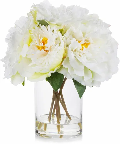 ENOVA FLORAL Flores de seda de peonías en jarrón, flores falsas con agua sintética en jarrón de vidrio para decoración de mesa de comedor, centros