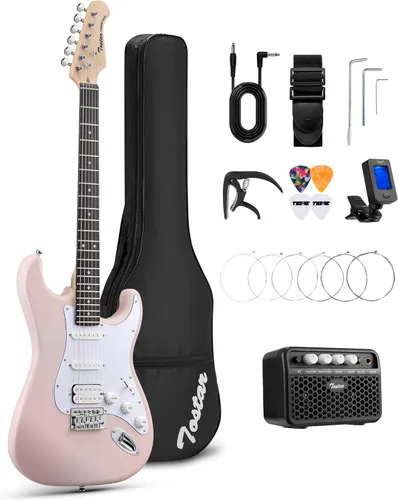Miniatura 30 de Tostar Kit de guitarra eléctrica con amplificador, 39 pulgadas, tamaño completo, 6 cuerdas, ligero, diseño de cuerpo redondeado, interruptor