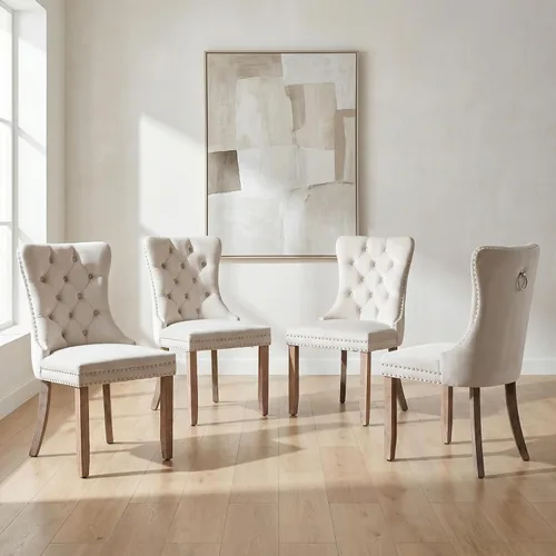 Miniatura 38 de OVENTA Juego de 4 sillas de comedor modernas tapizadas copetudas, terciopelo negro y gris y cuero con patas de madera maciza, sillas de cocina