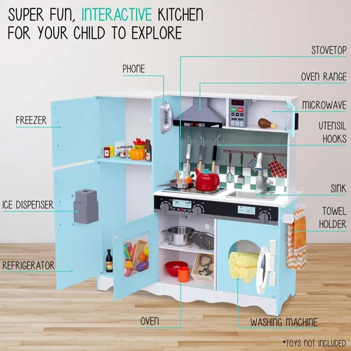 Miniatura 2 de Lil’ Jumbl Set de Cocina Azul para Niños, Cocina de Juguete de Madera, Máquina de Hielo Operada a Pilas, Microondas, Campana de Cocina, Estufa