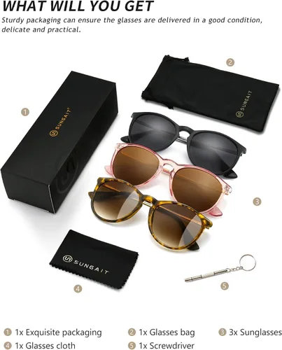 Miniatura 6 de SUNGAIT Gafas de sol redondas vintage para mujeres y hombres, estilo clásico retro