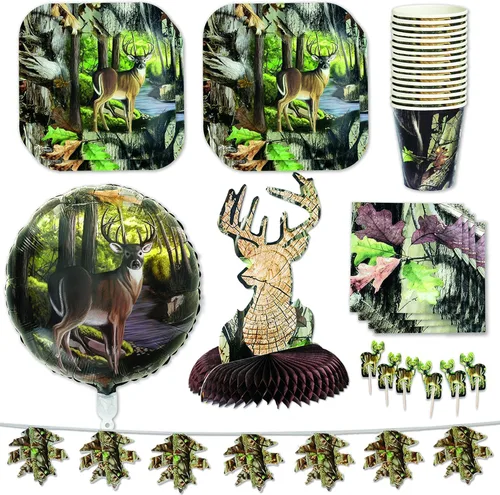 Miniatura 8 de Havercamp Paquete de fiesta de lujo Hunting Camo Buck para 16 invitados. El kit tiene 16 platos llanos cuadrados de 9 pulgadas, servilletas y tazas
