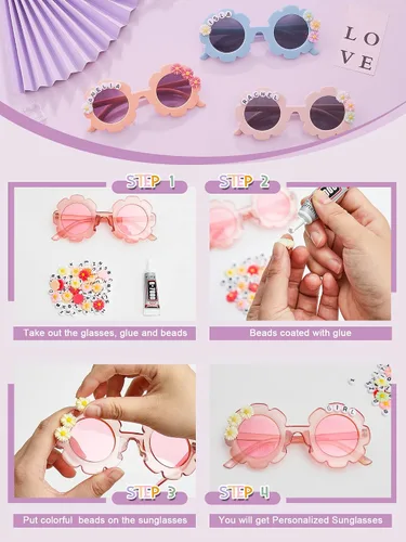 Miniatura 4 de Dunzy 10 pares de lentes de sol redondos de flores para niños, gafas de bricolaje para exteriores, con 50 margaritas, 100 cuentas de letras al azar