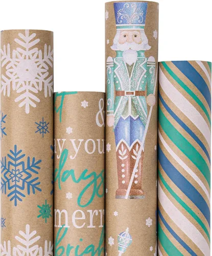 Miniatura 19 de RUSPEPA - Papel para envolver regalos de Navidad, papel kraft café con impresión de elementos navideños negros - 4 rollos de 30 pulgadas x 10 pies