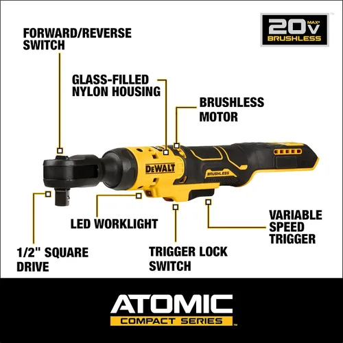 Miniatura 2 de DEWALT ATOMIC 20V MAX Ratilla inalámbrica sin escobillas, 1/2 pulgada, solo herramienta desnuda (DCF512B)