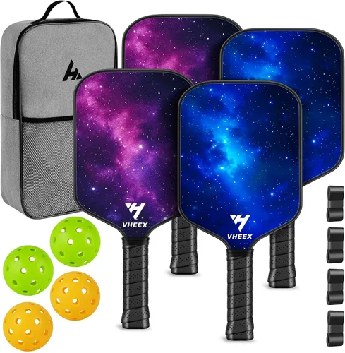 Juego de 4 palas de pickleball de fibra de carbono de 0.63 pulgadas, ligeras, silenciosas, para interiores y exteriores, equipo de pickleball con 4