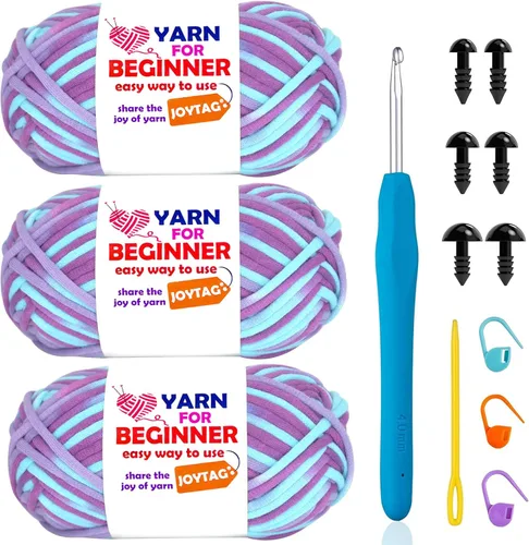 Miniatura 40 de Paquete de 3 hilos de ganchillo de mezcla de algodón y nailon - azul, gris, verde - 3x50g - puntadas fáciles de ver - kit de ganchillo y tejido