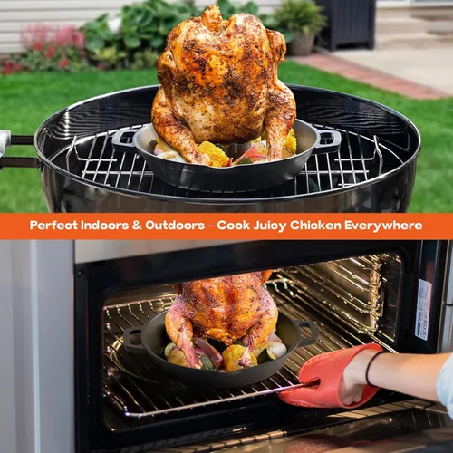 Miniatura 6 de Onlyfire - Asador universal de hierro fundido para pollo, asador de aves de corral pre-sazonado, soporte para cerveza y pavo con bandeja para asar