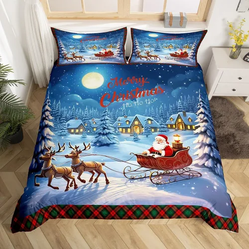 Funda de edredón de Feliz Navidad para niños, jóvenes y adultos, juego de ropa de cama de Papá Noel de Navidad, diseño de copos de nieve, árbol de