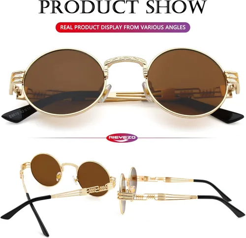 Miniatura 6 de AIEYEZO Gafas de sol redondas steampunk Circle Lennon Hippie, marco de metal, lente de bloqueo UV 100%