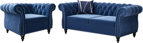 QHITTY Juego de 2 piezas para sala de estar, Silla Sofá Seccional Chesterfield Contemporáneo Tapizado de Terciopelo Loveseat Juegos de Sofá para Azul